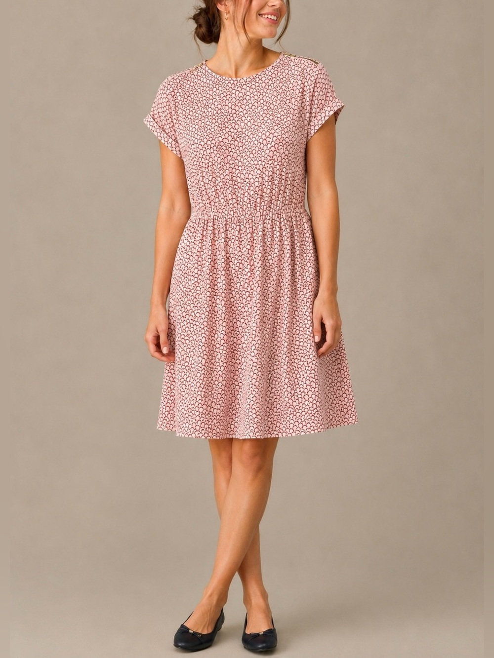 Boden Pink White Scallop Print Dress 12R Zipper Detail Cuff Sleeve Fit and Flare